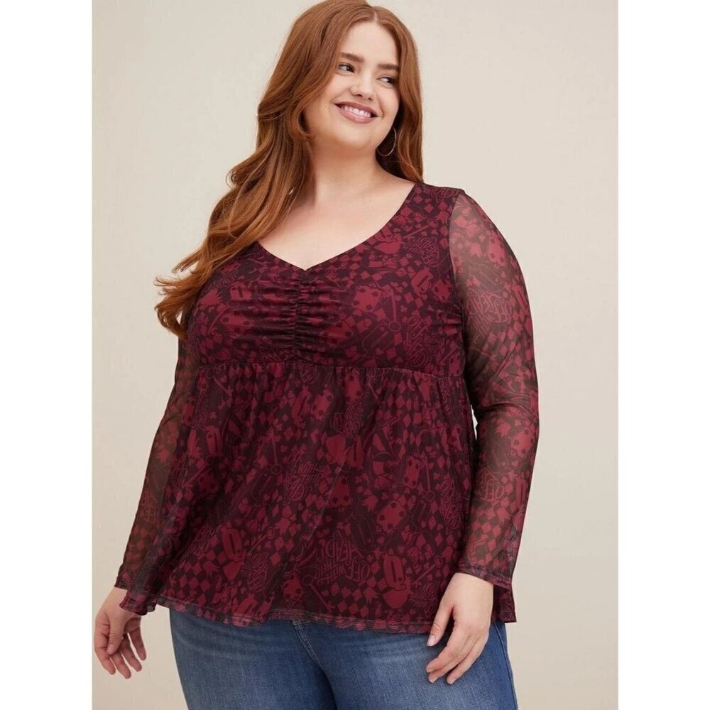 Torrid 4 Disney Villains Queen of Hearts Top 4X Long Sleeve Cinch Front Mesh